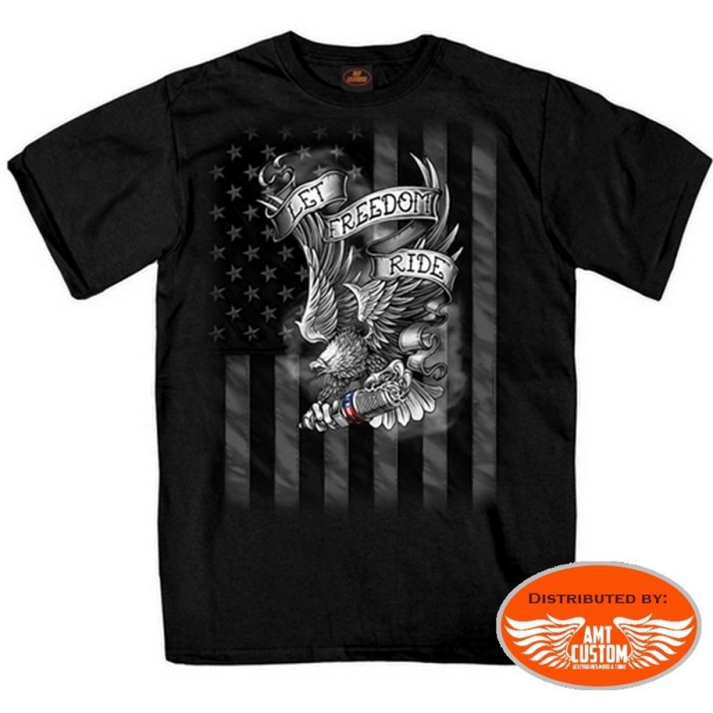 T-shirt biker noir let freedom ride aigle drapeau us
