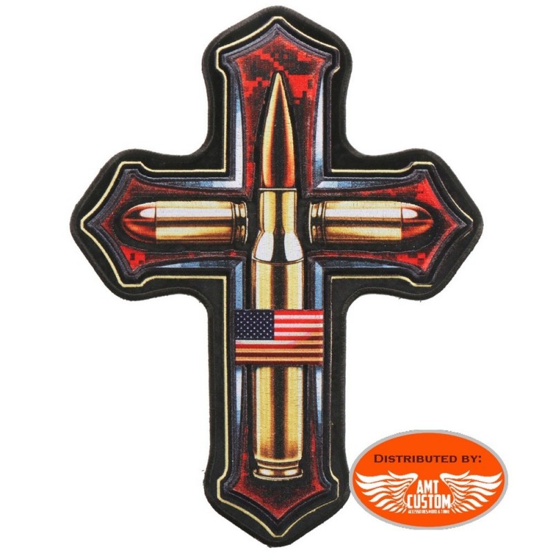 Cross patch with usa flag and bullets