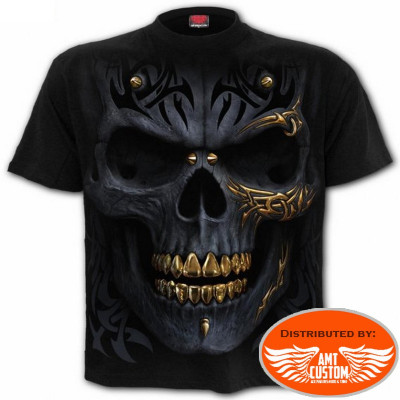 T-shirt Biker Skull Black Gold Gothic (face)