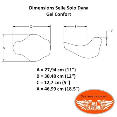 Dimensions Dyna Solo Seat Gel Core confort  FXD, FLD, Switchback, Super Glide, Street Bob, Fat Bob, Low Rider, Wide Glide