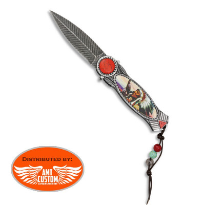 Straight  Folding Knife Indian Chief Leather Beads