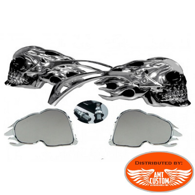 HK Motorcycle Black Rear View Skull Stem Mirrors with Silver Groove Flame For Harley Davidson 1982-later all models Big Dog Dyna Wide Glide Fat Boy Iron Horse Road King Street Glide Ultra etc.