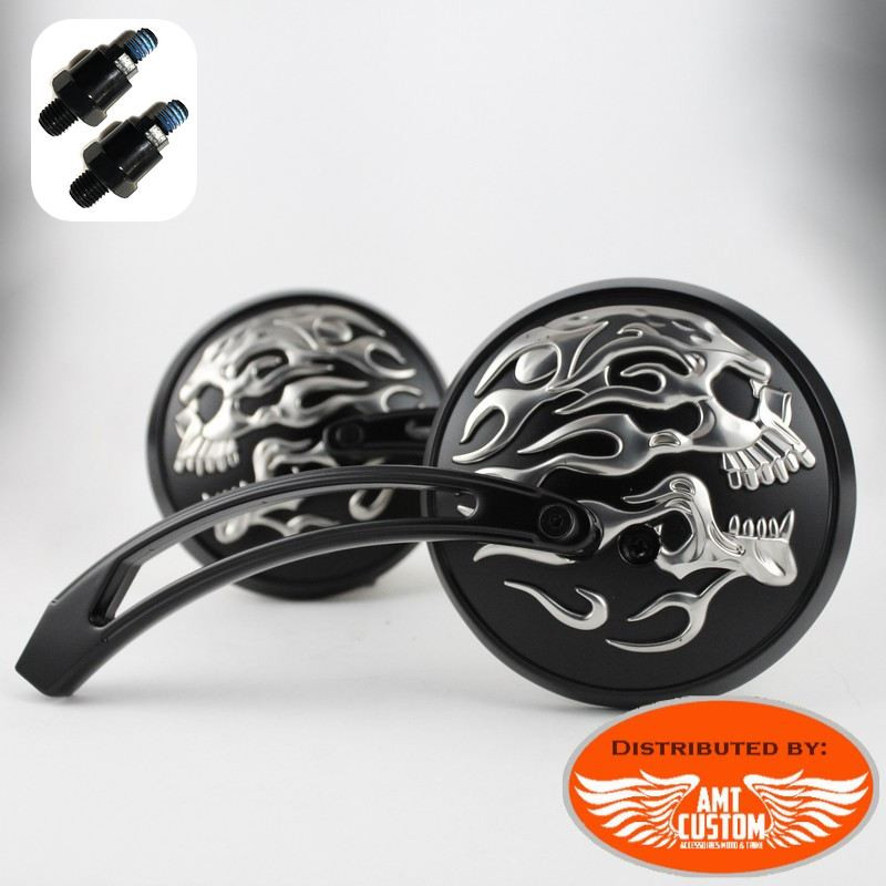 HK Motorcycle Black Rear View Skull Stem Mirrors with Silver Groove Flame For Harley Davidson 1982-later all models Big Dog Dyna Wide Glide Fat Boy Iron Horse Road King Street Glide Ultra etc.