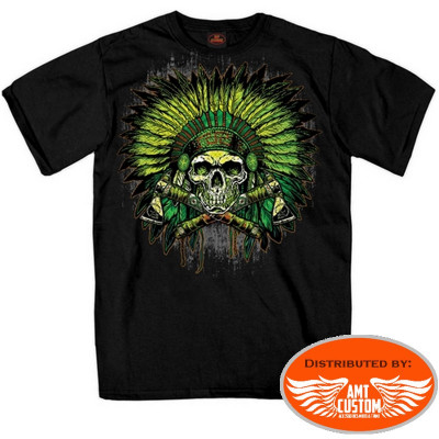 Green Indian Skull Biker T-shirt