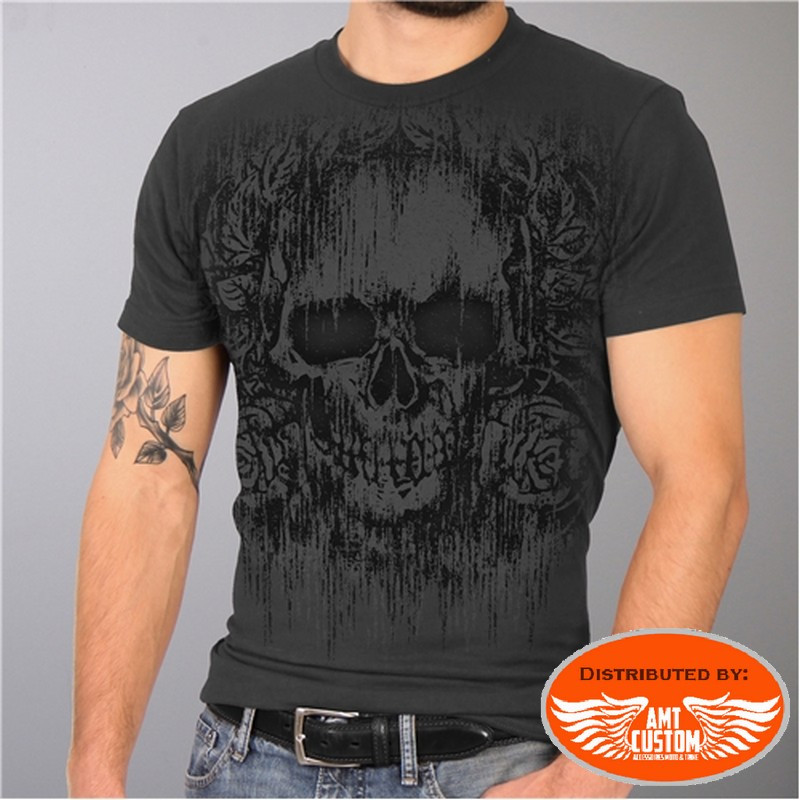 Dark gray roses skull biker t-shirt