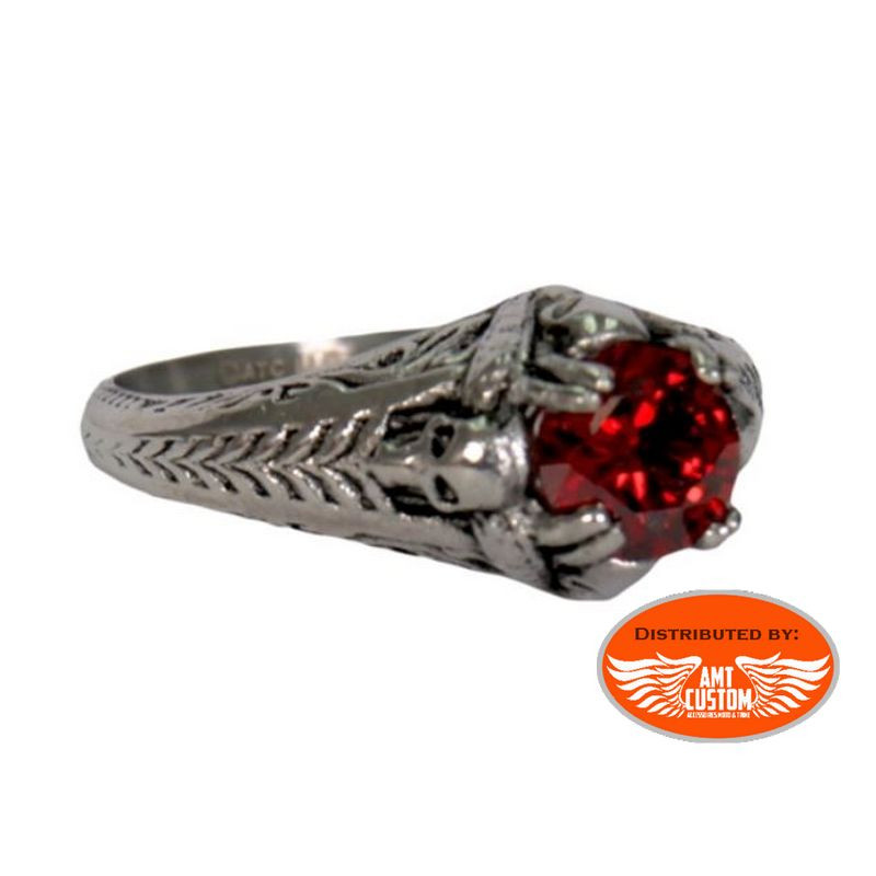 Lady Rider Red Stone Solitaire Steel ring "Skull"