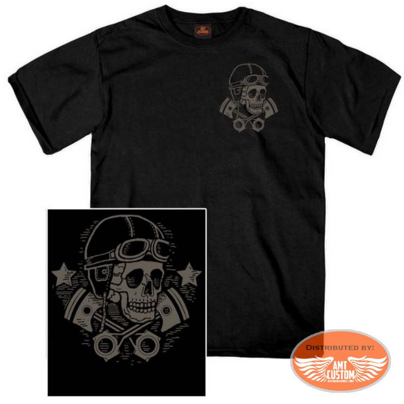 Vintage Skull and Cross Pistons Black Biker T-shirt