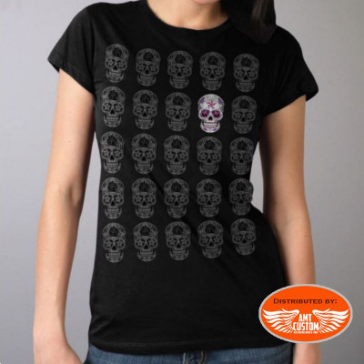 T-shirt Top Noir Lady Rider motif "Sugar Skull"