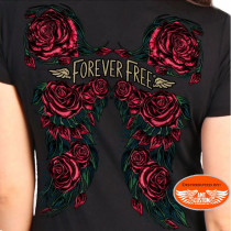 T-shirt Top Noir Lady Rider motif "Ailes en Roses"