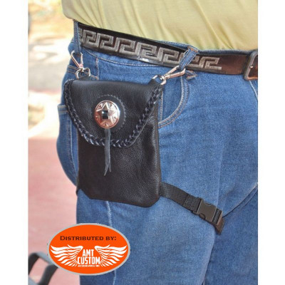 Leather leg bag with a Concho for Bikers - Biker revolver pouch