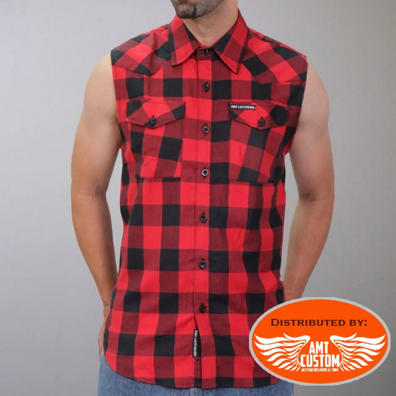 Sleeveless flannel shirt with black and red checks