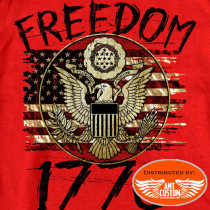 Red biker t-shirt with "1776 FREEDOM" flag