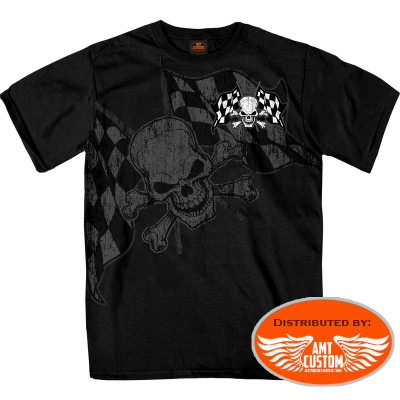 Black Biker T Shirt "Skull" Checkered Flag