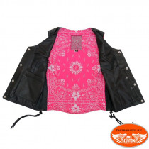 Gilet femme cuir noir / intérieur type bandana rose