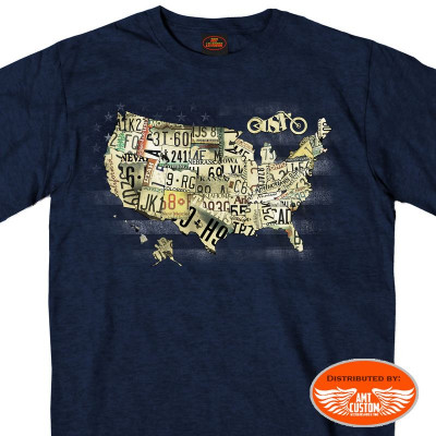 Navy Blue USA Map Biker T Shirt