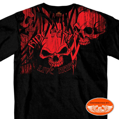 Black biker t-shirt red skulls "Ride Fast, Live Hard"