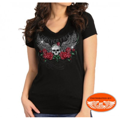 Tshirt Noir Lady Rider "Skull" ailé et roses