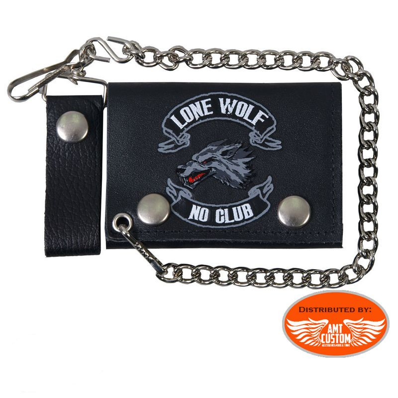 Black Leather Wallet "Lone Wolf, No Club" with Belt Chain