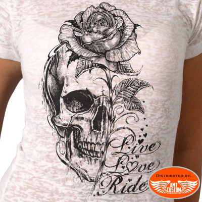Tshirt Lady Rider blanc tête de mort et Rose "Live, Love, Ride"