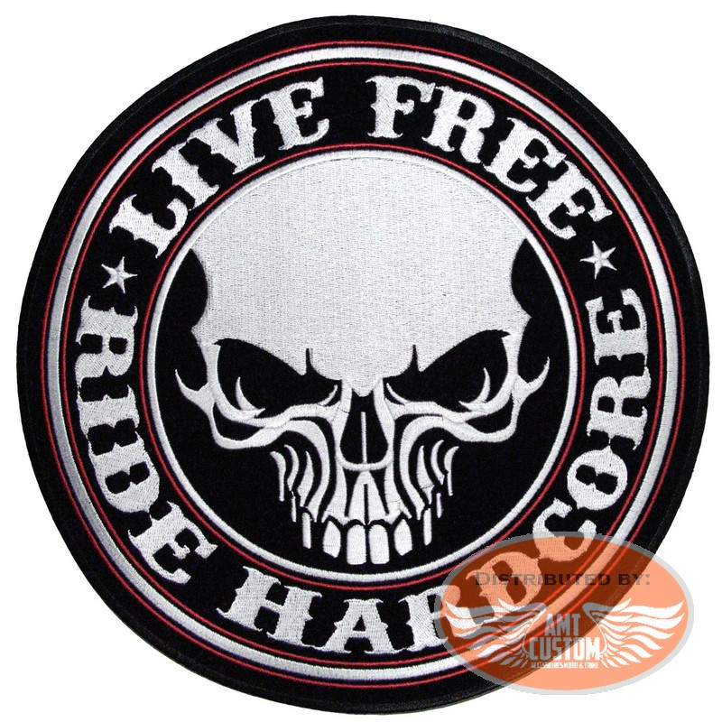 Patch écusson Biker Skull "Live Free - Ride Hardcore" Grand Format