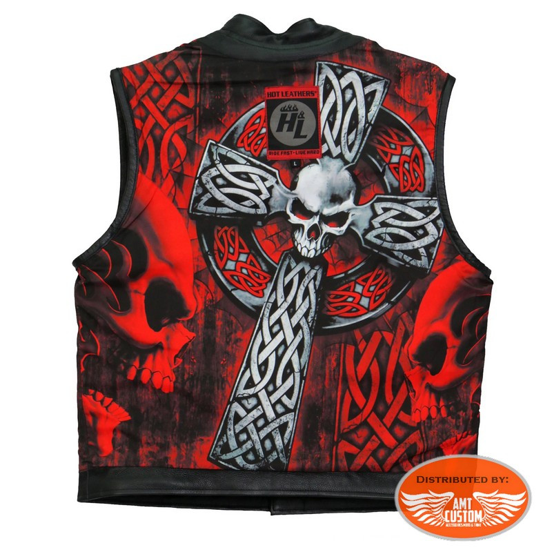 Black leather vest / red black Skull Cross