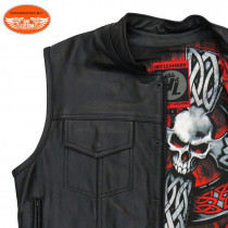 Black leather vest / red black Skull Cross