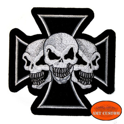 Ecusson Patch Croix de Malte trio skull biker custom