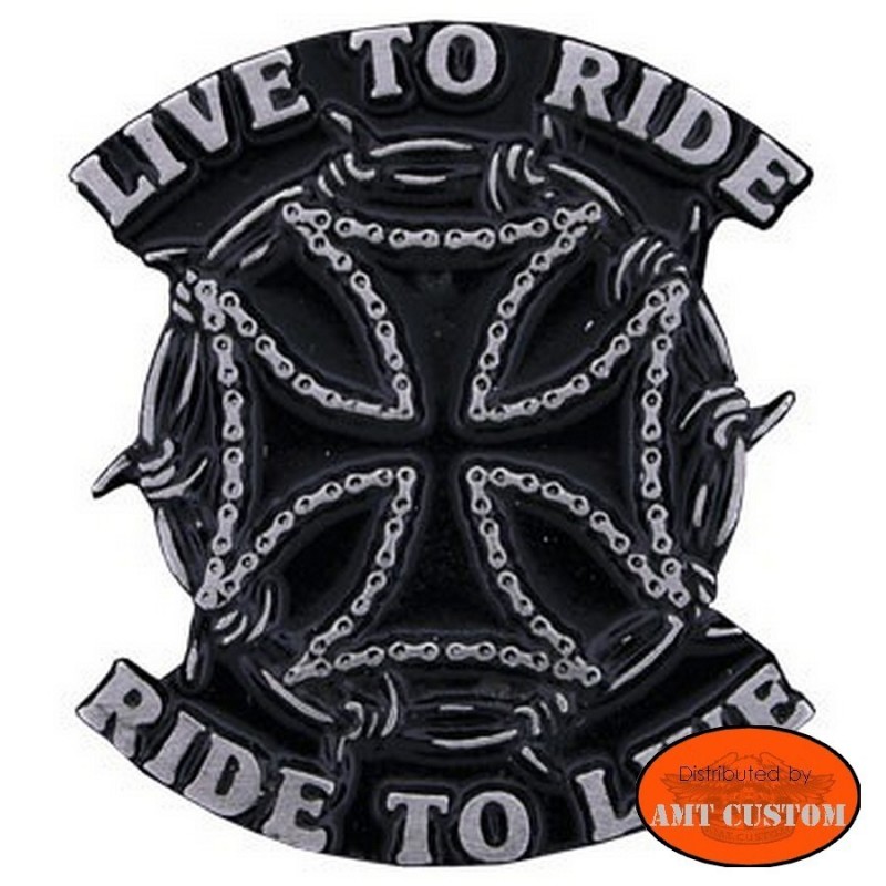Pin's épinglette Croix de Malte "Live To Ride" pour veste et blouson moto sacoche custom harley et trike