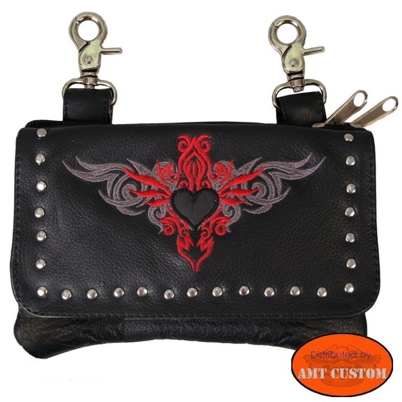 Red Leather belt bag wallet Tribal Heart Lady Rider harley