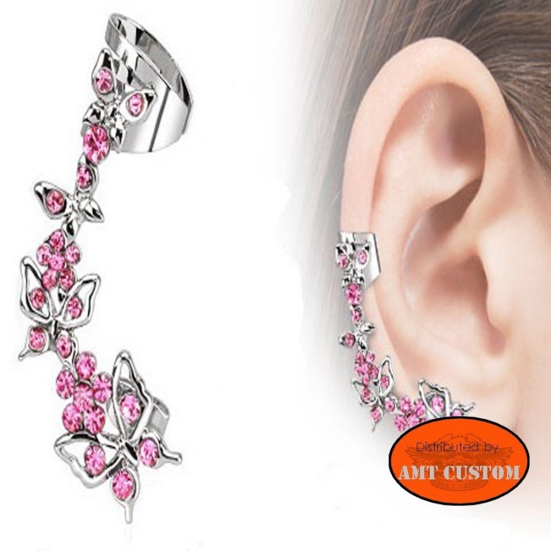 Butterfly Earring pink rhinestone  stainless steel lady rider girl chopper bobber motorcycle accessories biker