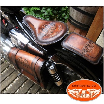 Brown leather solo seat and swingarm bag " Road 66" custom / Choppers & Bobbers