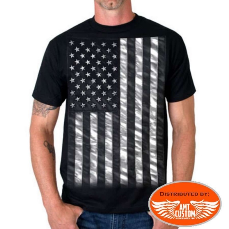 US Flag T-shirt Biker  black and white moto custom chopper