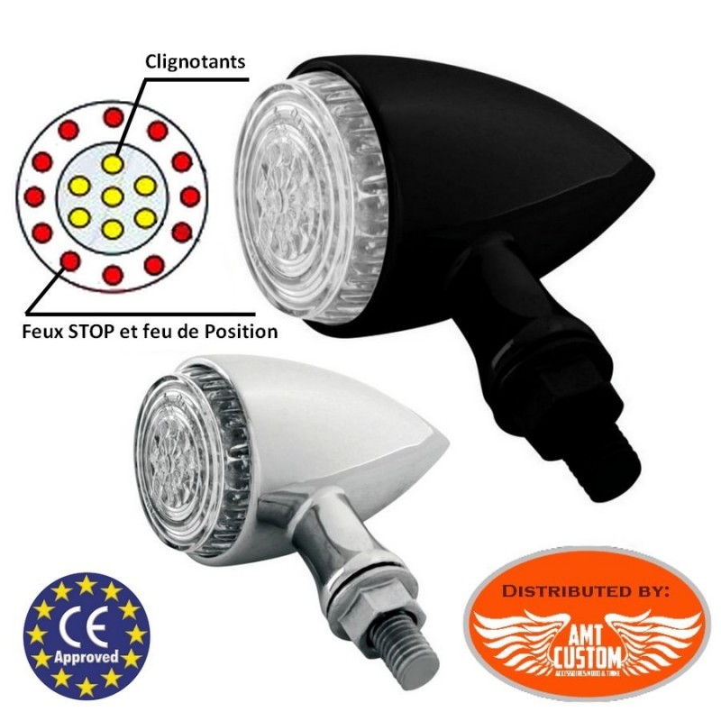 Feux - Phares - Clignotants Ref. 10/254-201 2 Clignotants LED et Feu STOP  CE Obus Chrome ou Noir 12V DC avec Stop intégré