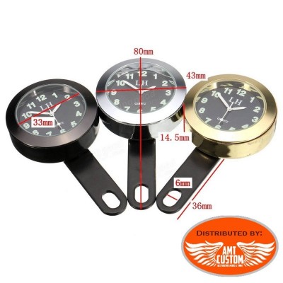  Dimensions Universal Handlebar watch Black, Chrome or Gold for Harley et Japanese Mortorcycles