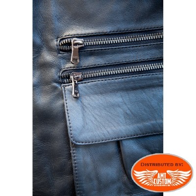Gilet Biker cuir Noir uni multi-poches - Gilet chasseur cuir
